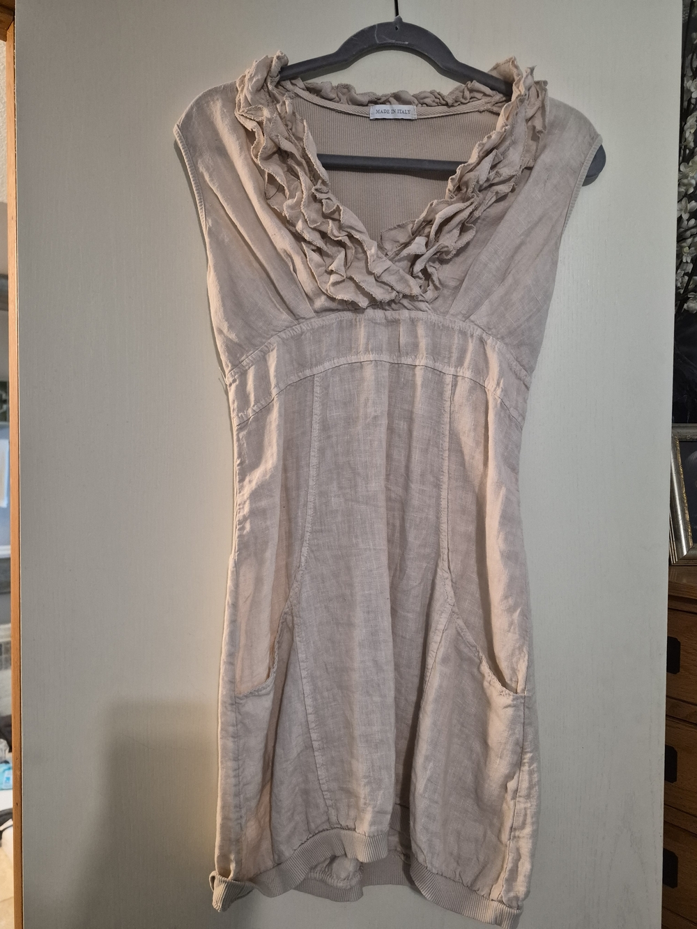 Mini Dress with Ruffle V-Neck in Light Beige
